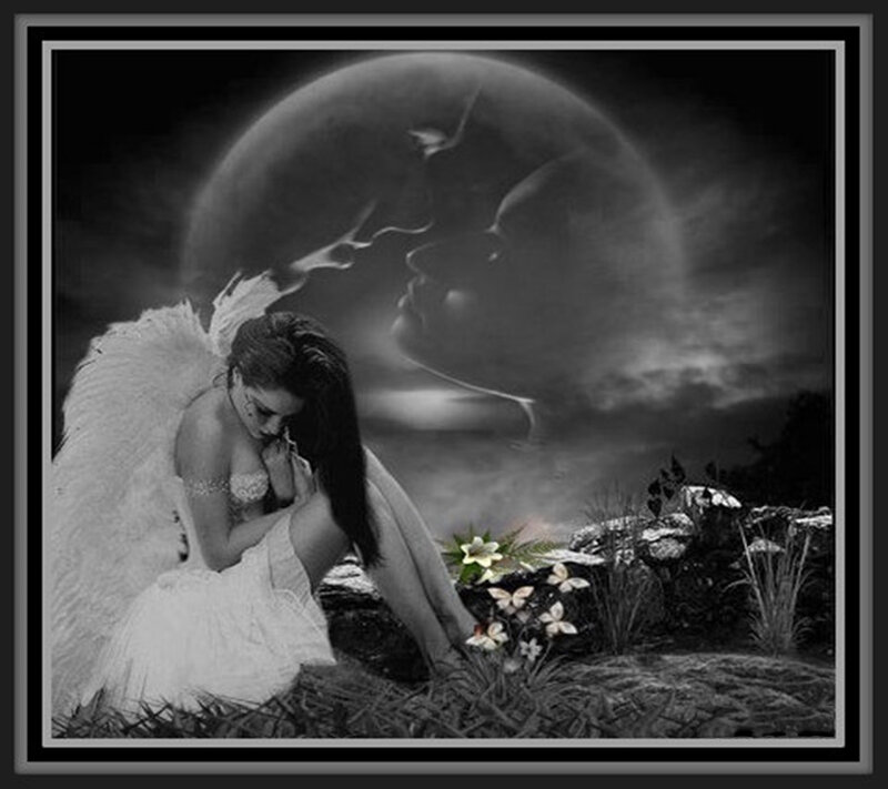 Angel with Wings — Black, Dramatic, Night, Digital Art, Moon