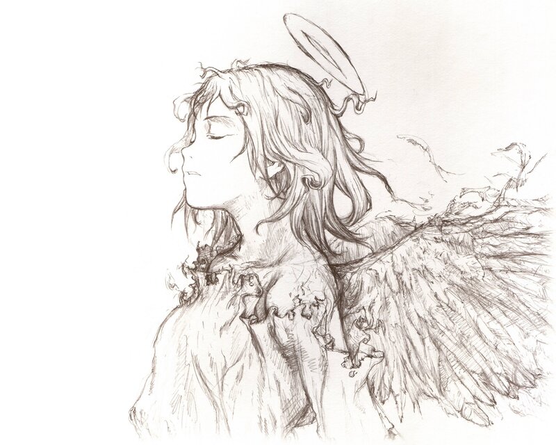 Angel with Wings — Black, Serene, Illustration, Halo, Hair
