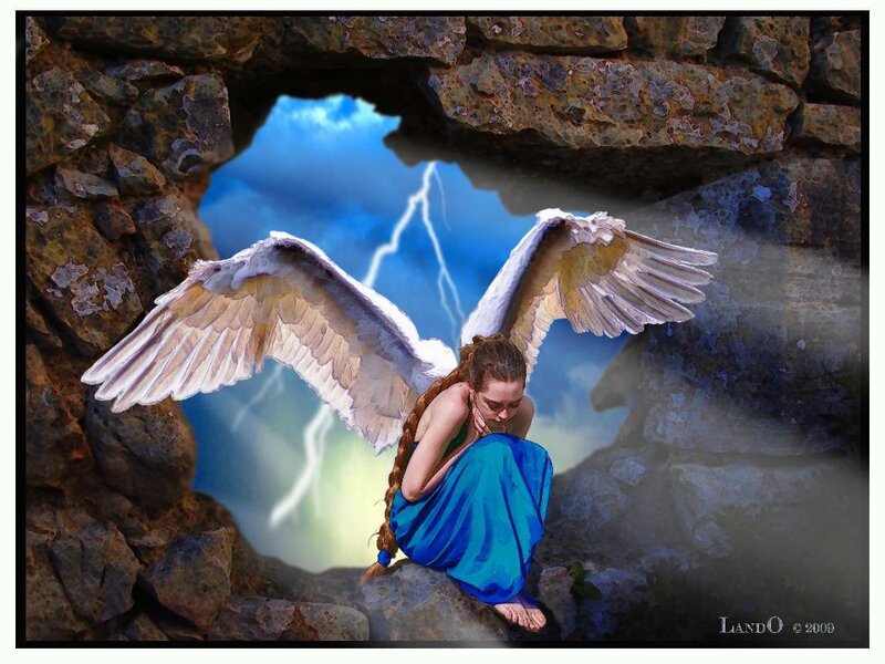 Angel with Wings — Blue, Dramatic, Digital Art