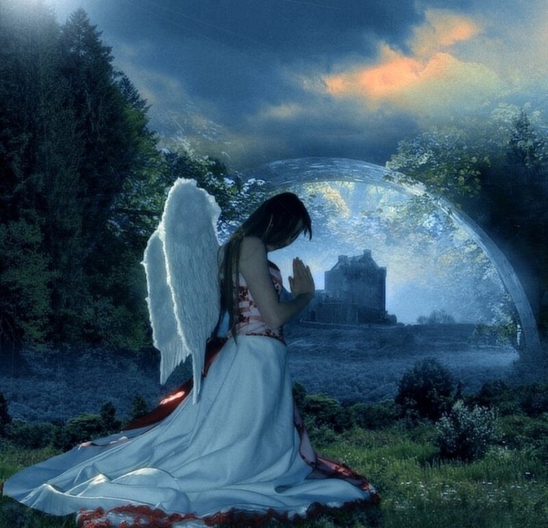 Angel with Wings — Blue, Dramatic, Night, Digital Art, Castle