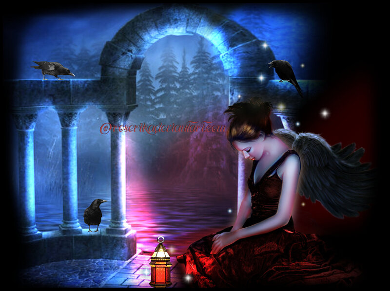 Angel with Wings — Blue, Dramatic, Night, Digital Art, Crows