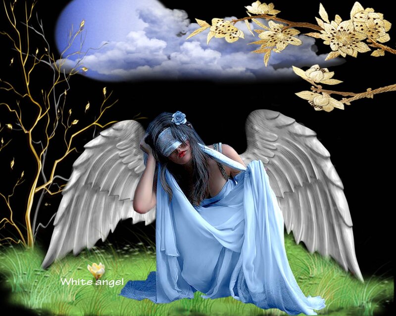 Angel with Wings — Blue, Dramatic, Night, Digital Art, Moon