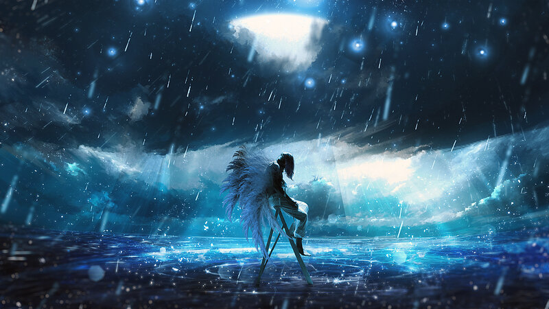 Angel with Wings — Blue, Dramatic, Night, Digital Art, Rain