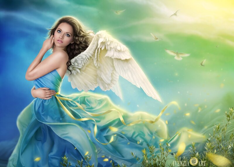 Angel with Wings — Blue, Serene, Afternoon, Digital Art, Dress
