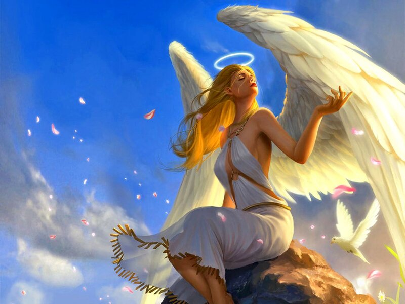 Angel with Wings — Blue, Serene, Afternoon, Digital Art, Halo