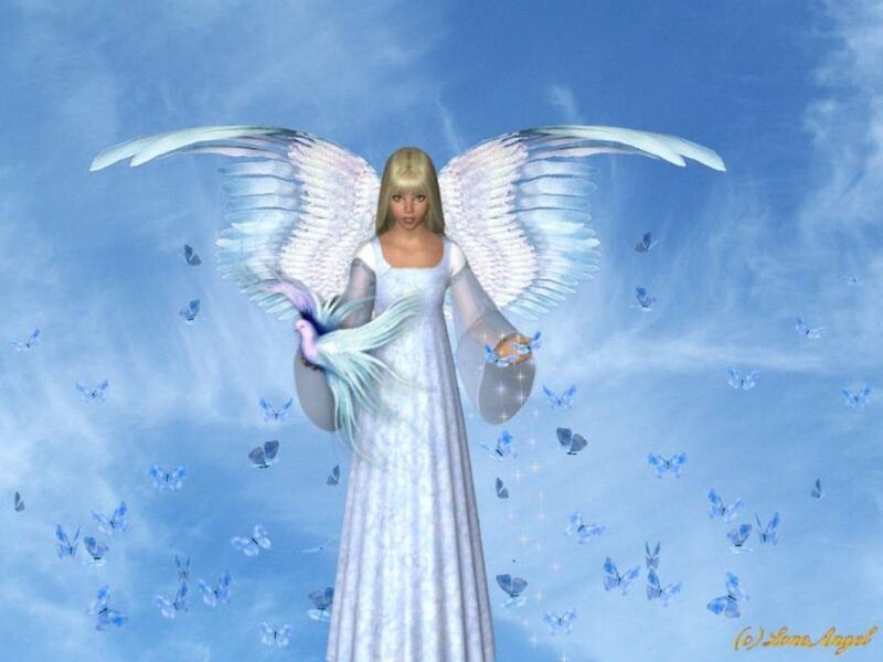 Angel with Wings — Blue, Serene, Digital Art, Butterflies, Dove