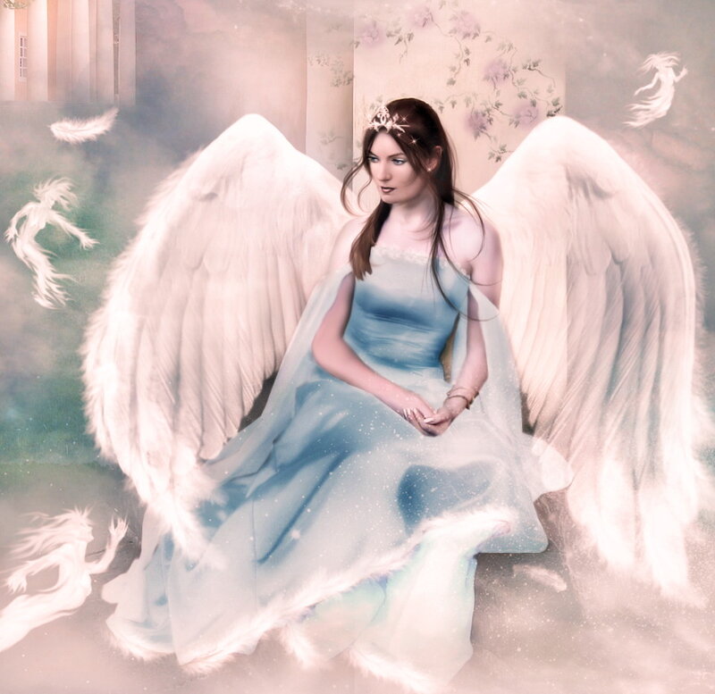 Angel with Wings — Blue, Serene, Digital Art, Dress, Crown
