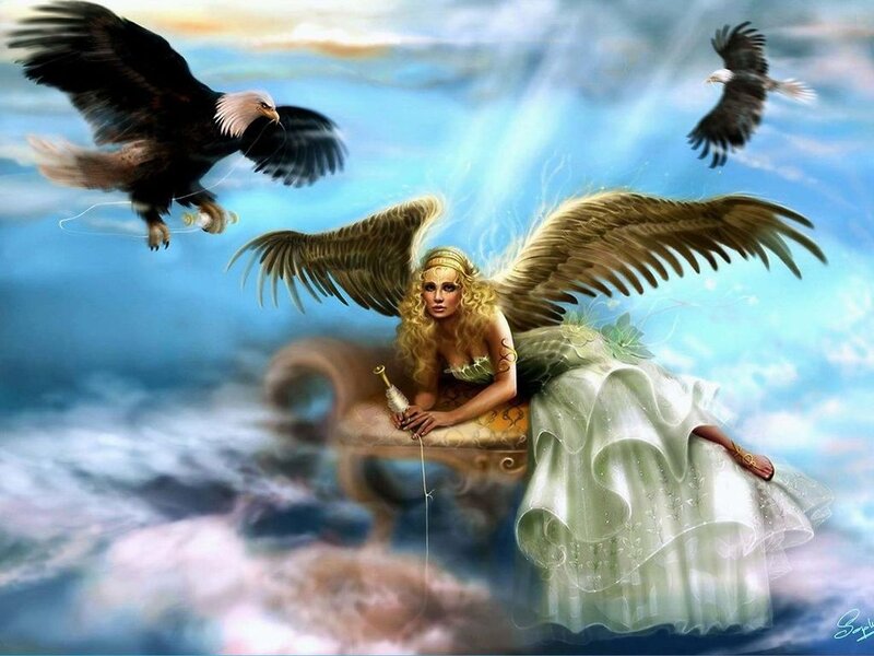 Angel with Wings — Blue, Serene, Digital Art, Eagles, Clouds