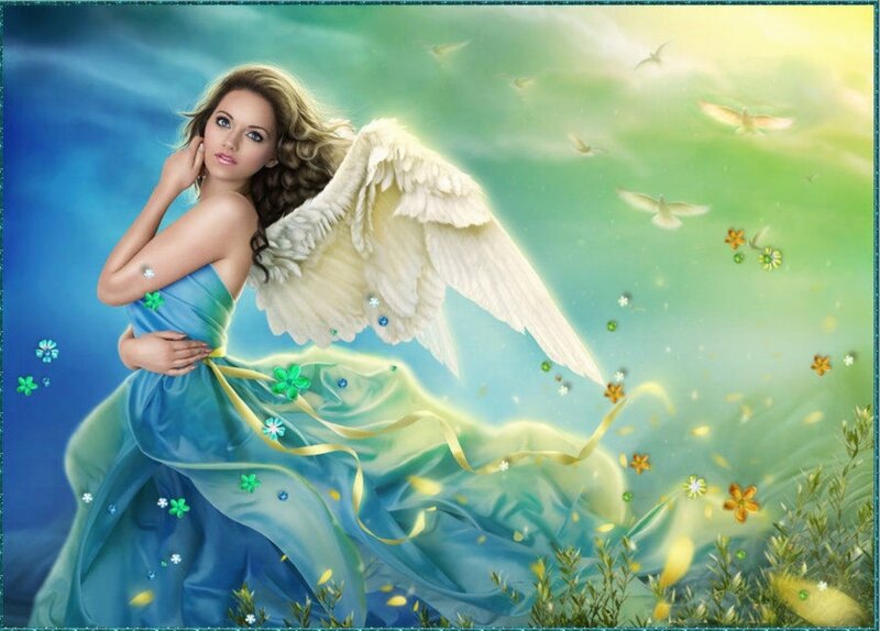Angel with Wings — Blue, Serene, Morning, Digital Art, Flowers