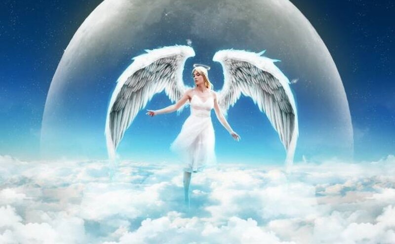 Angel with Wings — Blue, Serene, Night, Digital Art, Clouds, Moon