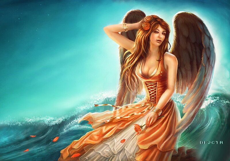 Angel with Wings — Blue, Serene, Night, Digital Art, Dress