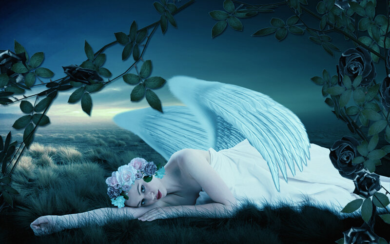 Angel with Wings — Blue, Serene, Night, Digital Art, Flowers, Roses