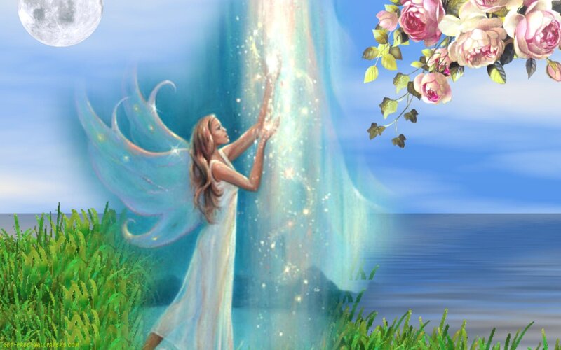 Angel with Wings — Blue, Serene, Night, Digital Art, Moon, Flowers, Grass