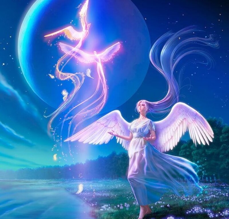 Angel with Wings — Blue, Serene, Night, Digital Art, Moon, Stars