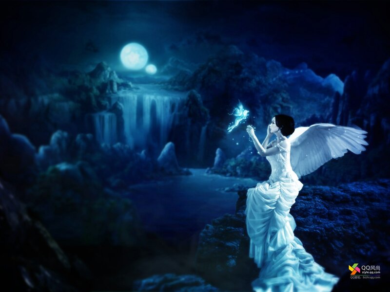 Angel with Wings — Blue, Serene, Night, Digital Art, Moon