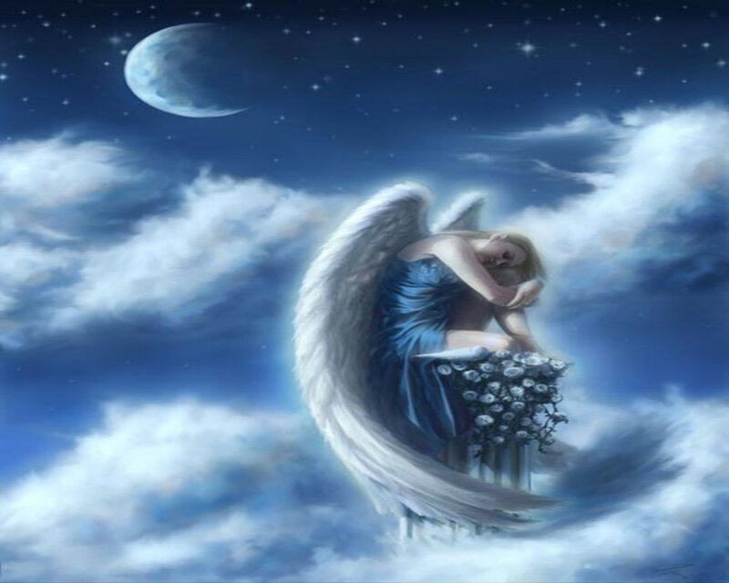 Angel with Wings — Blue, Serene, Night, Digital Art