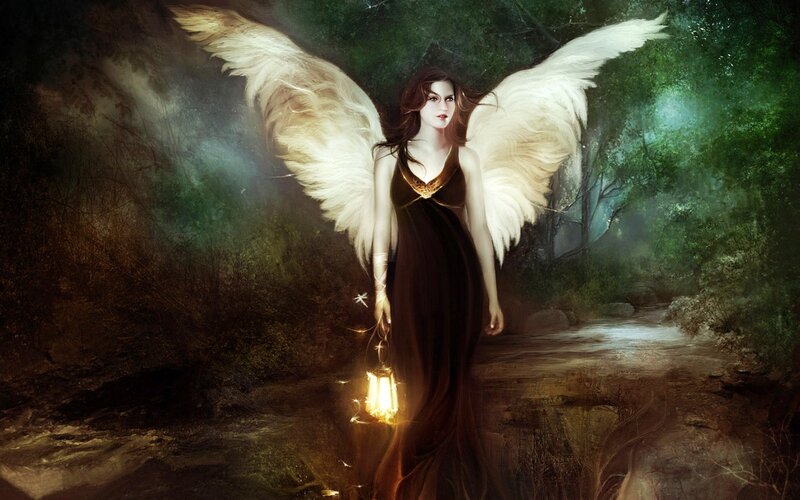 Angel with Wings — Brown, Dramatic, Night, Digital Art, Lantern, Forest
