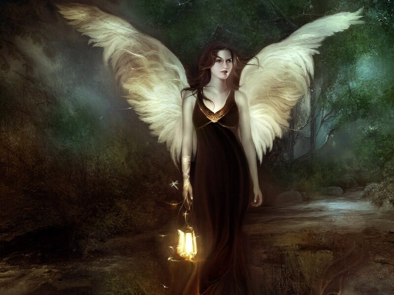 Angel with Wings — Brown, Dramatic, Night, Digital Art, Lantern