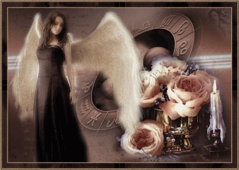 Angel with Wings — Brown, Dramatic, Night, Digital Art, Roses