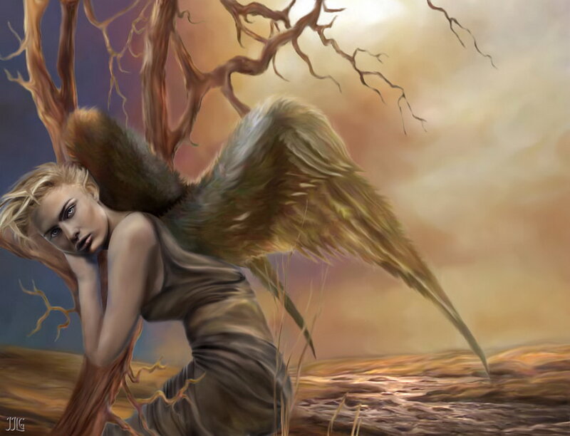 Angel with Wings — Brown, Dramatic, Sunset, Digital Art, Tree