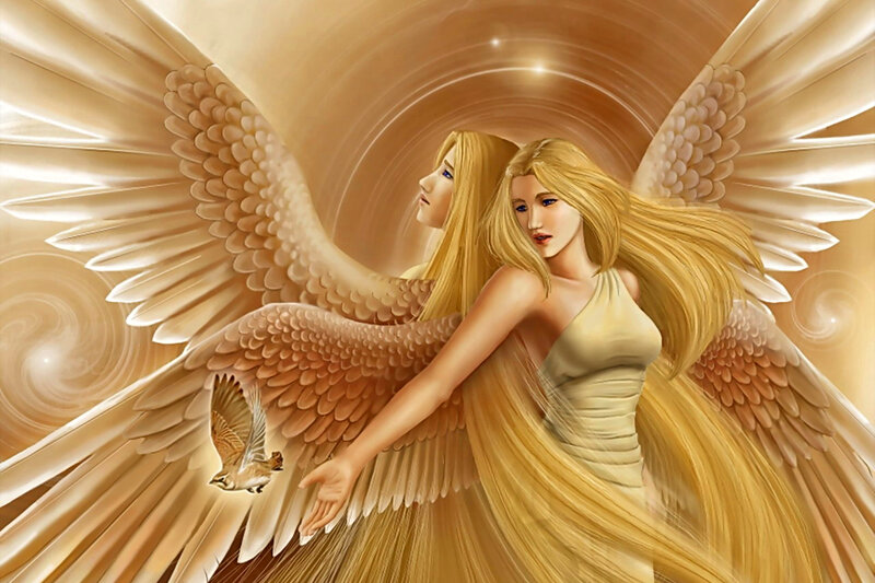 Angel with Wings — Gold, Serene, Digital Art, Bird