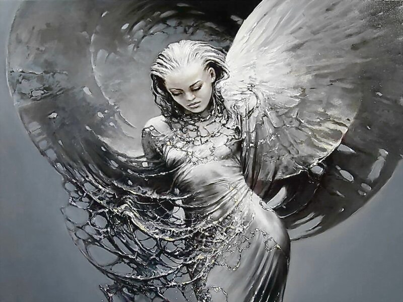 Angel with Wings — Gray, Dramatic, Painting