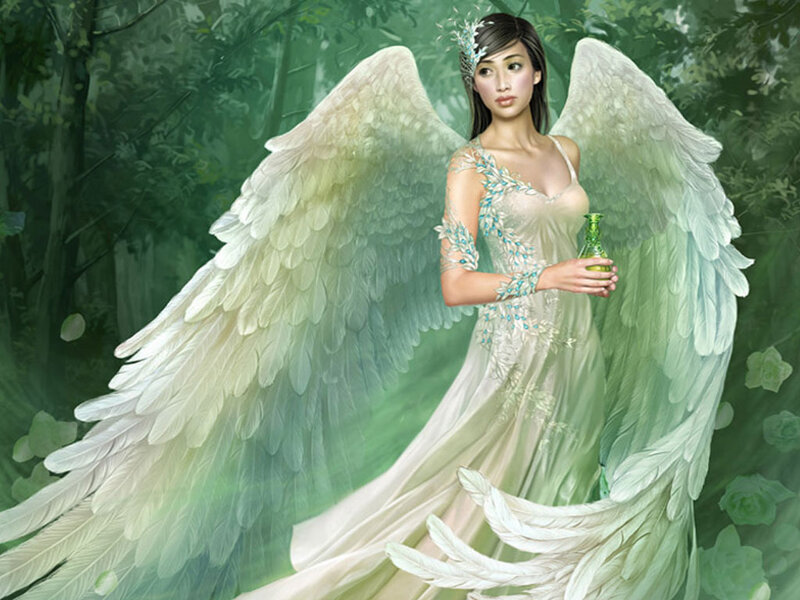 Angel with Wings — Green, Serene, Digital Art, Dress, Bottle, Forest