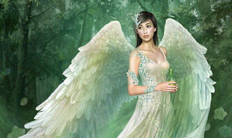 Angel with Wings — Green, Serene, Digital Art, Dress