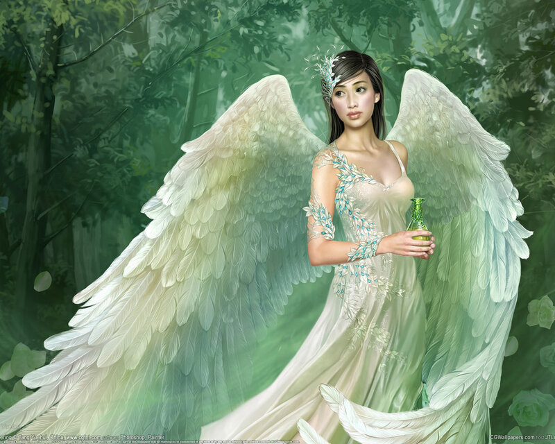 Angel with Wings — Green, Serene, Digital Art