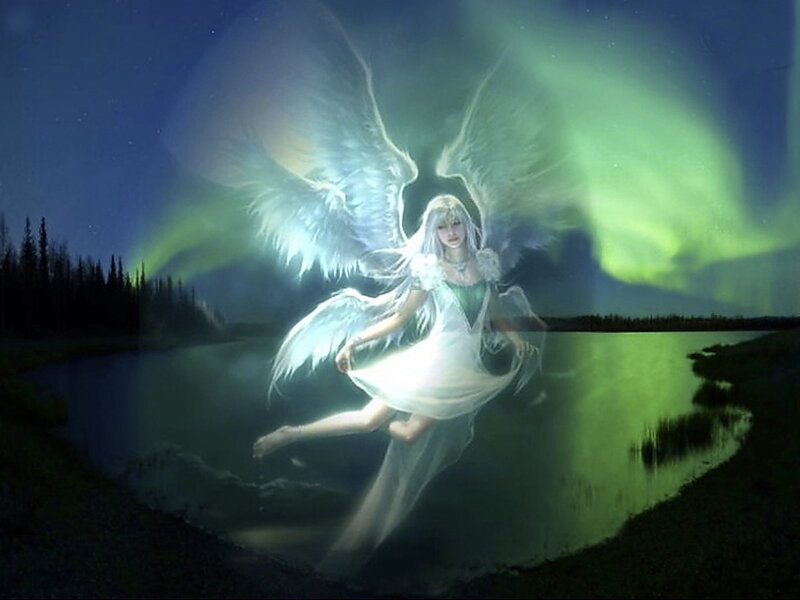 Angel with Wings — Green, Serene, Night, Digital Art