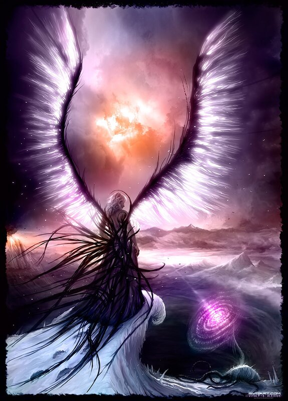 Angel with wings in a mystical landscape