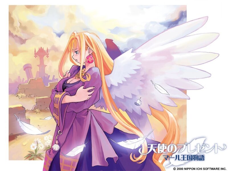 Angel with wings in a ruined landscape