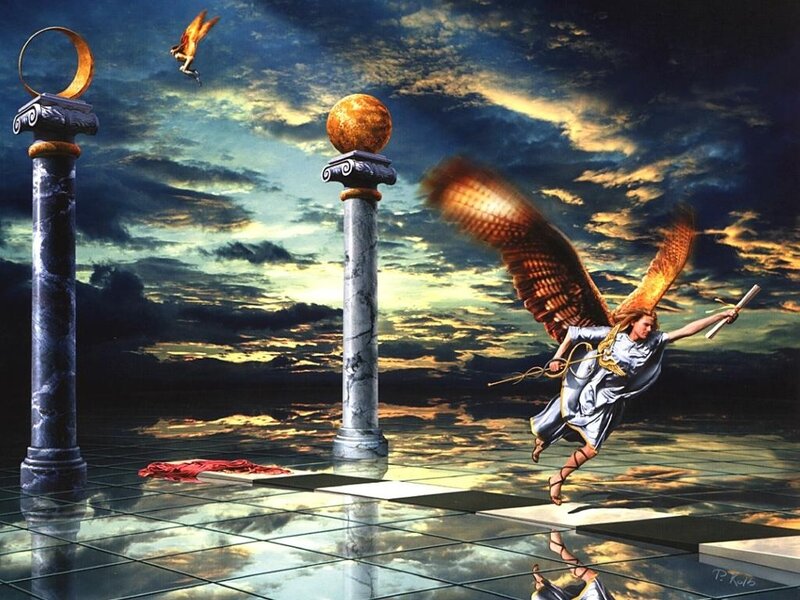 Angel with wings in a surreal landscape
