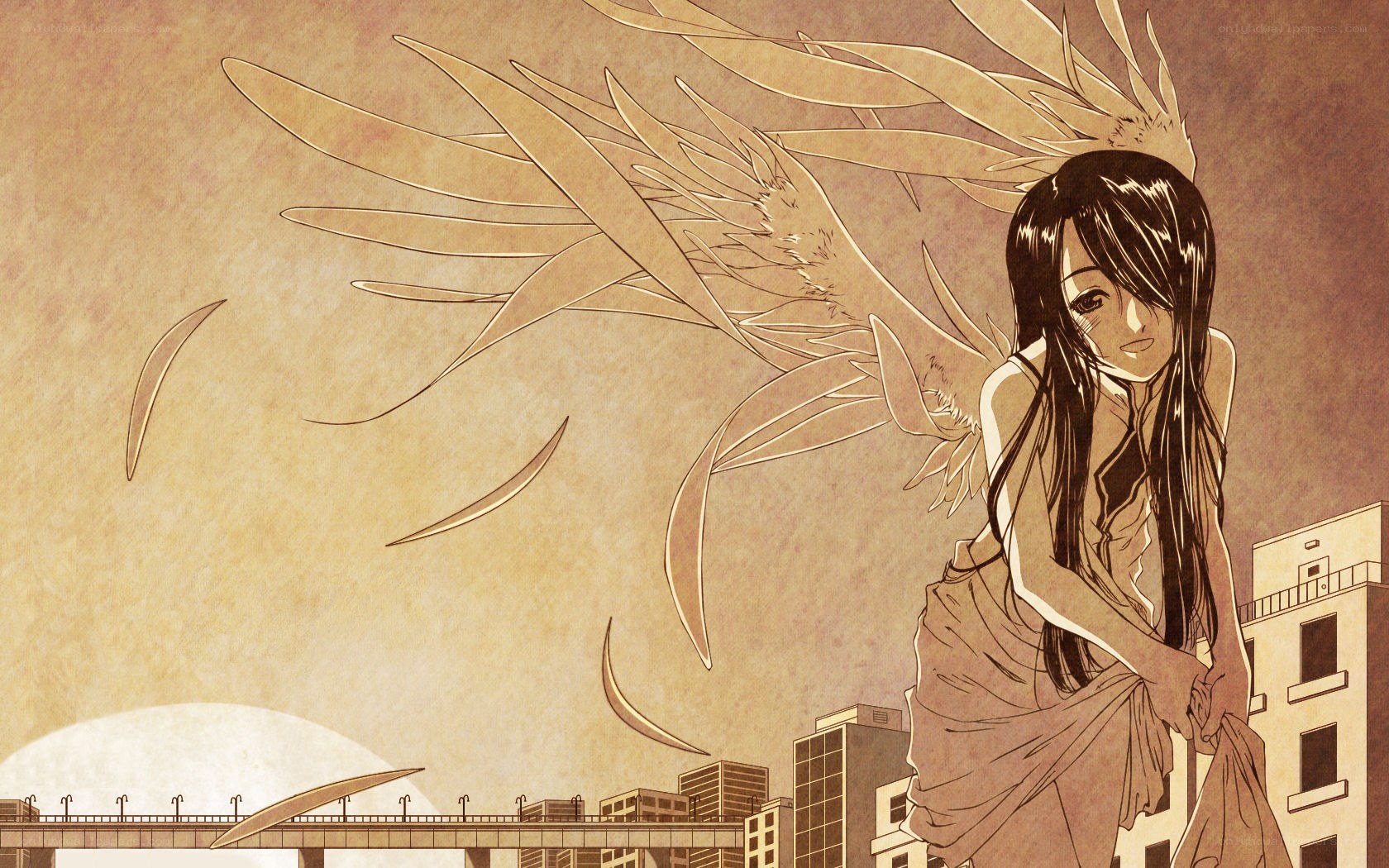 angel with wings in city