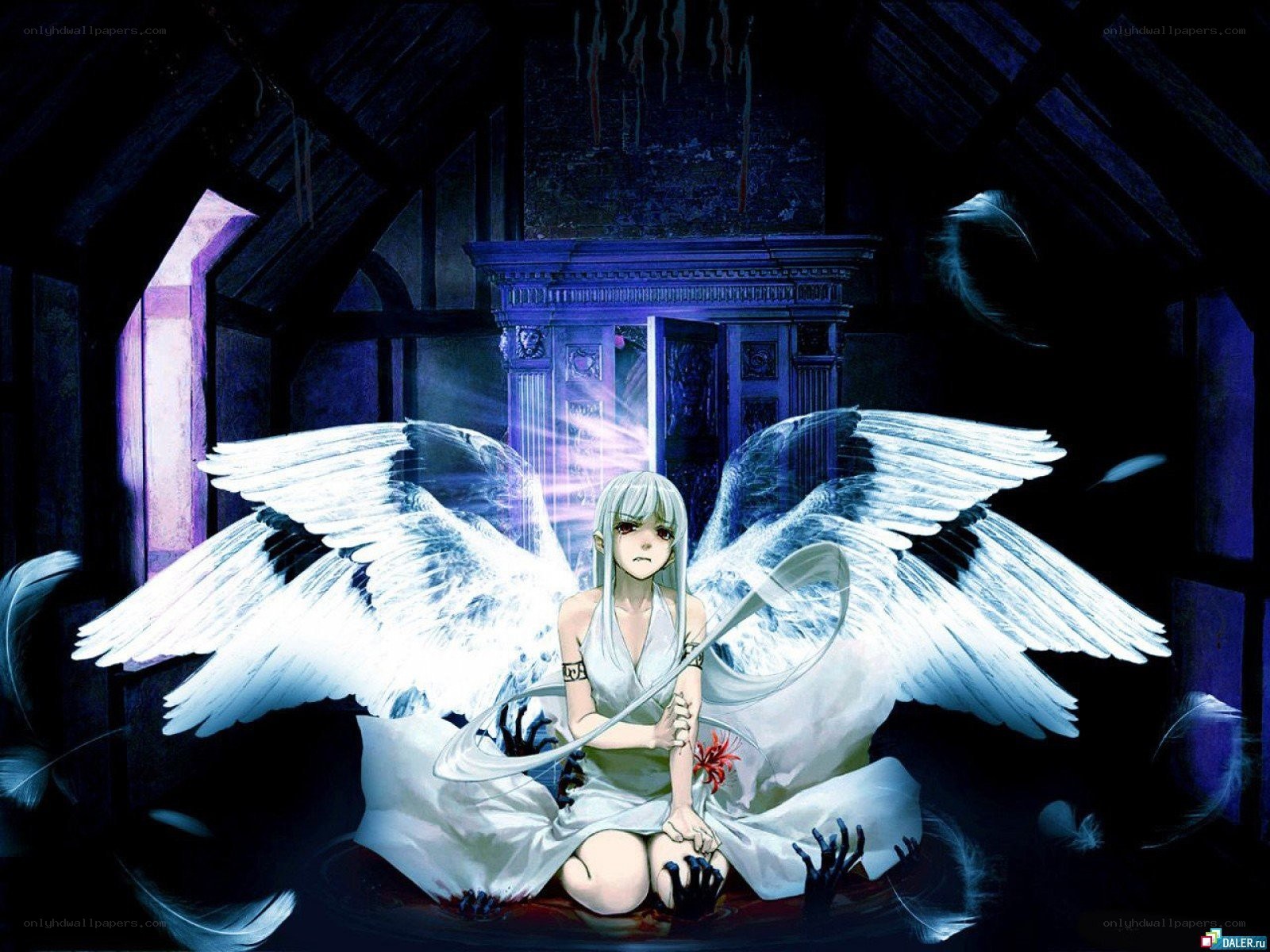 angel with wings in dark room
