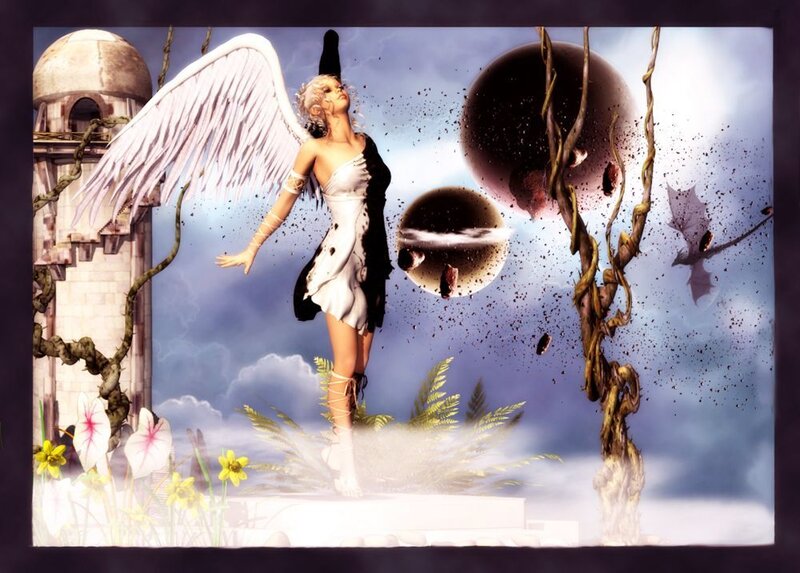 Angel with wings in fantasy landscape