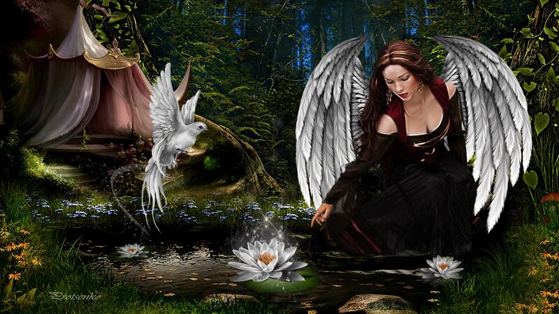 Angel with Wings in Forest — Green, Serene, Night