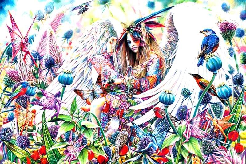 Angel with Wings in Garden — Blue