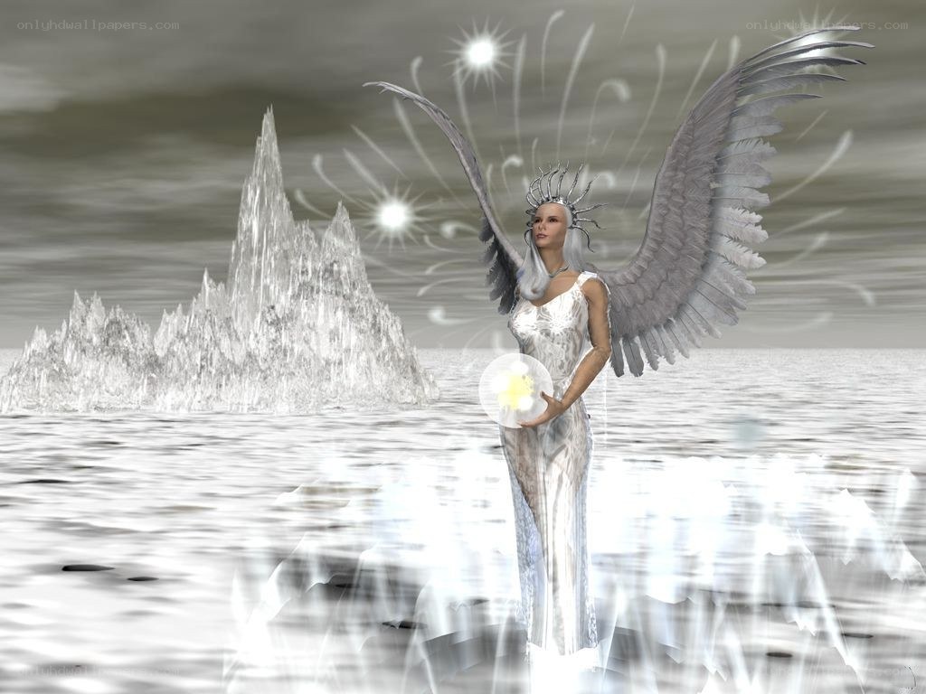 Angel with wings in icy landscape