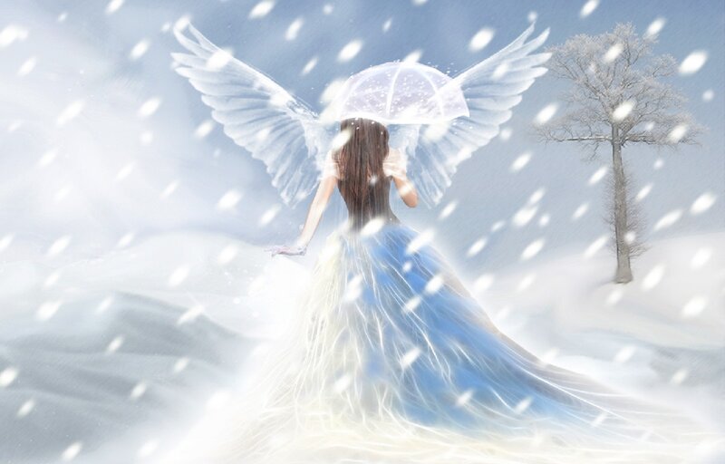 Angel with Wings in Snow — White, Serene, Winter, Digital Art, Umbrella