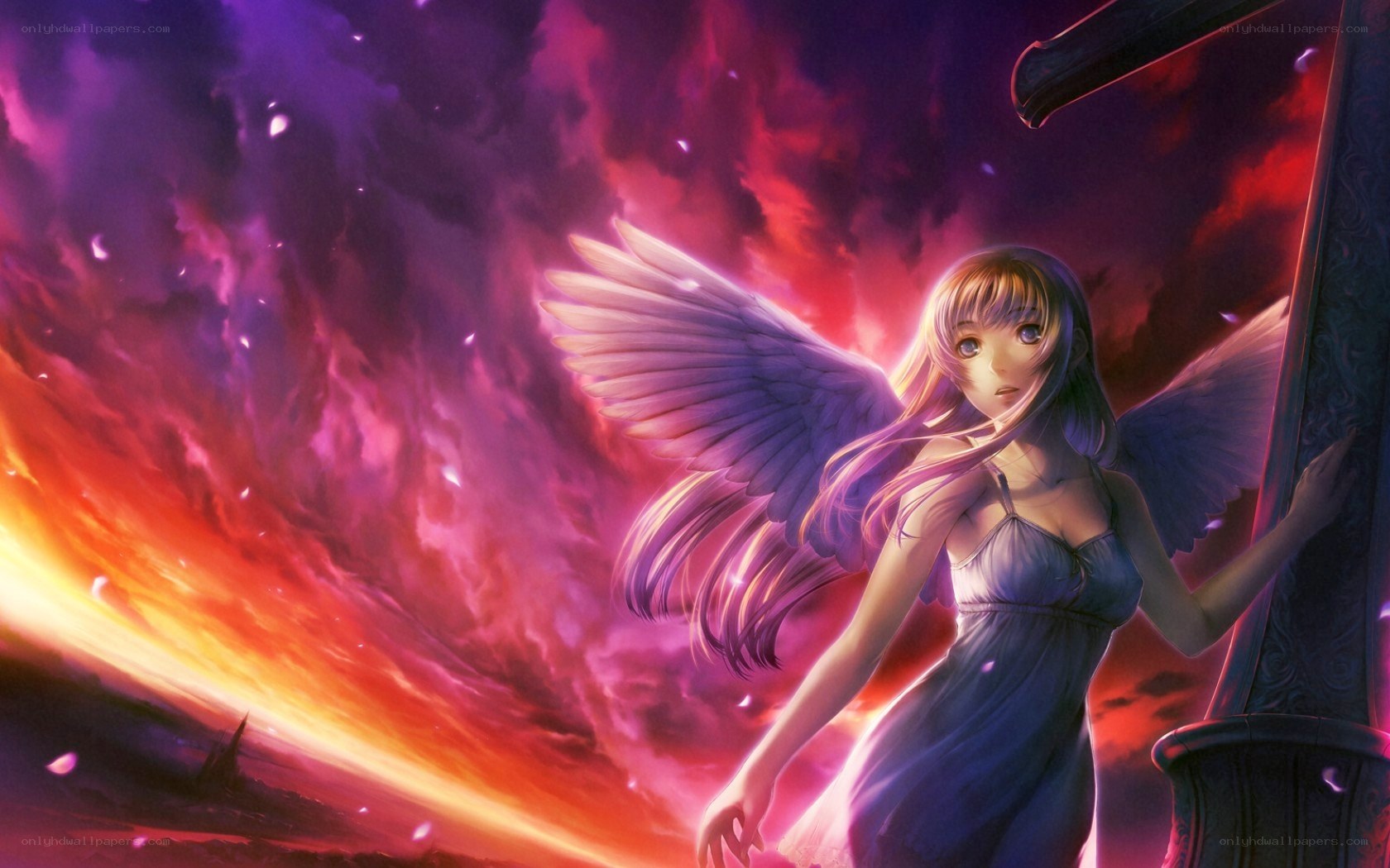 angel with wings in sunset