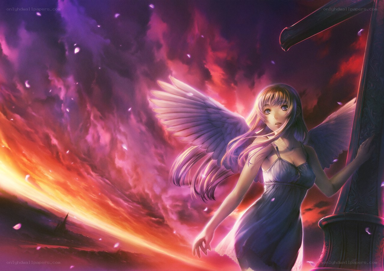 Angel with wings in sunset