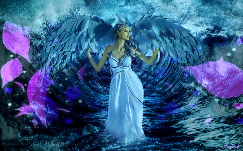 Angel with Wings in Water — Blue, Dramatic, Digital Art