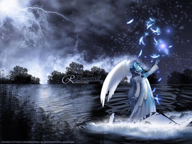 Angel with Wings in Water — Blue, Dramatic, Night, Digital Art, Lightning