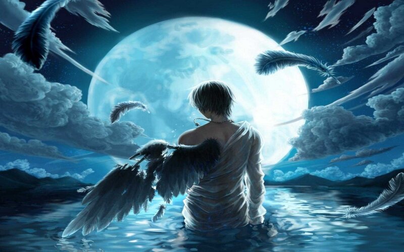 Angel with Wings in Water — Blue, Dramatic, Night