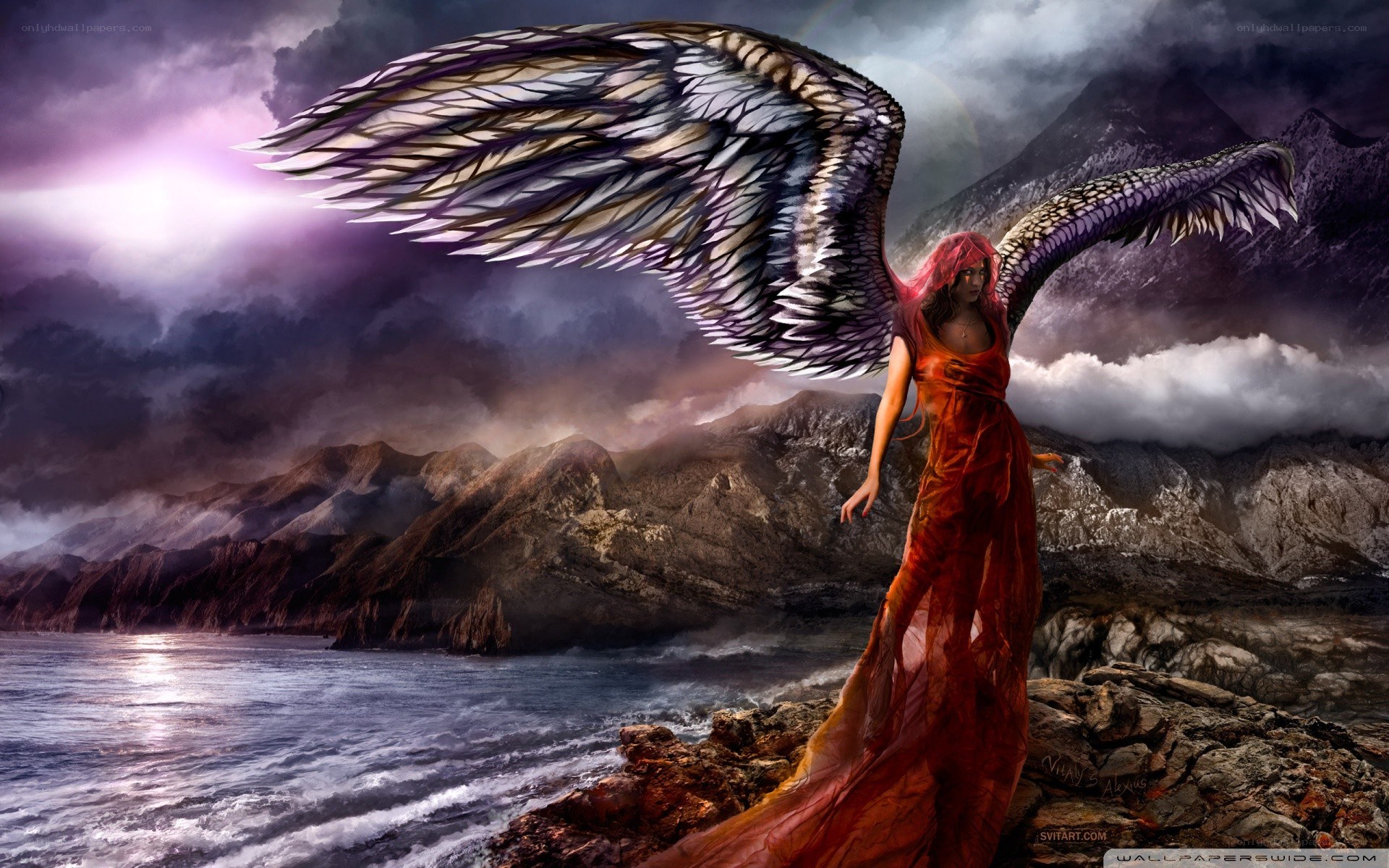 Angel with wings on a cliff