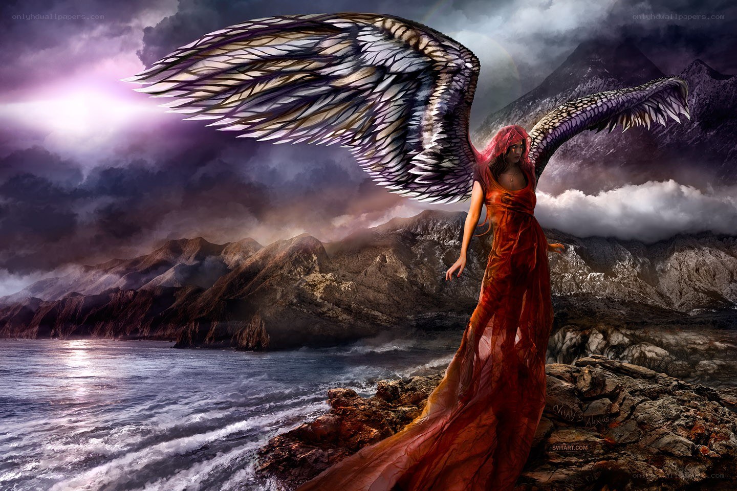 Angel with wings on cliff