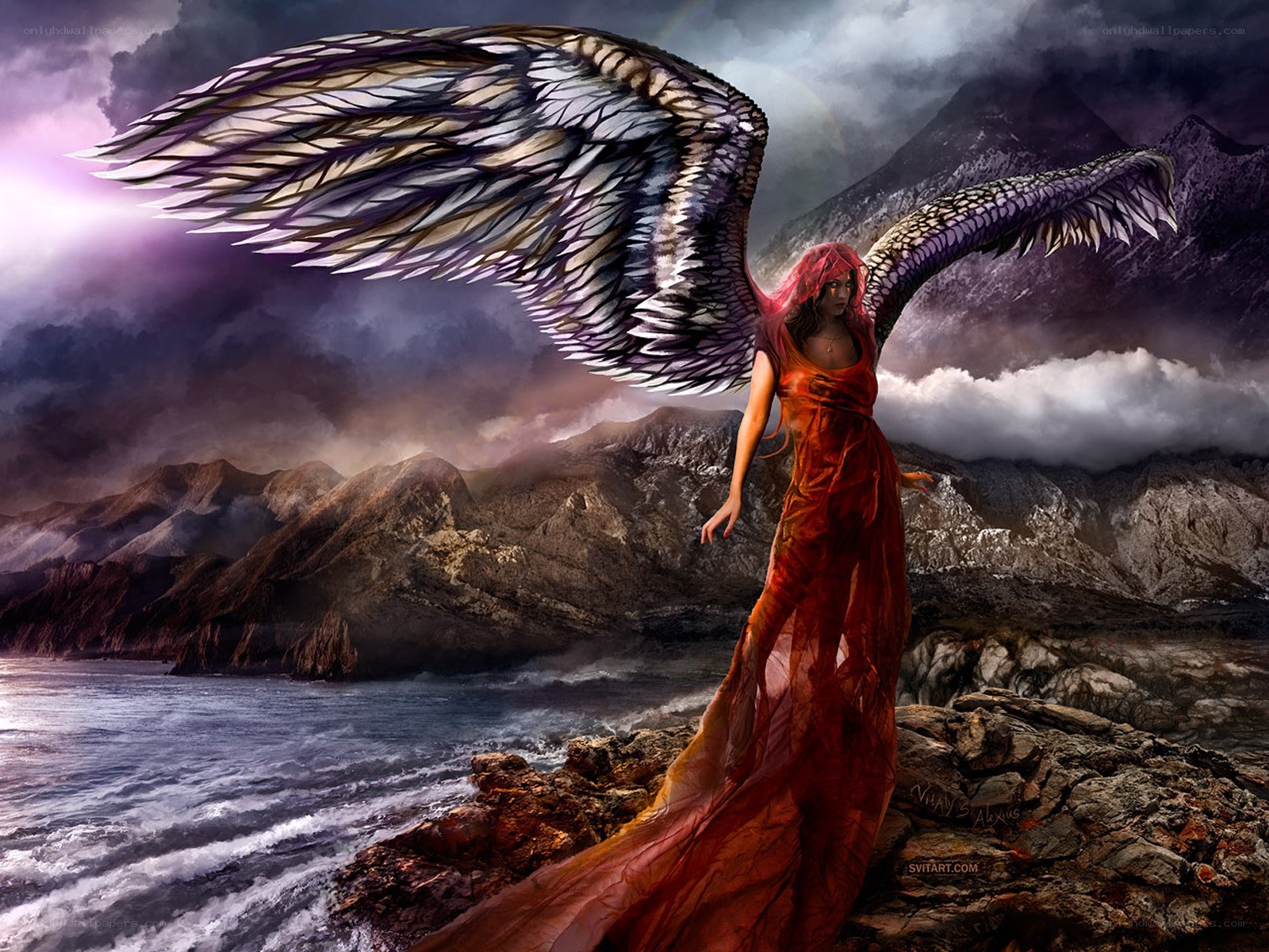 angel with wings on cliff