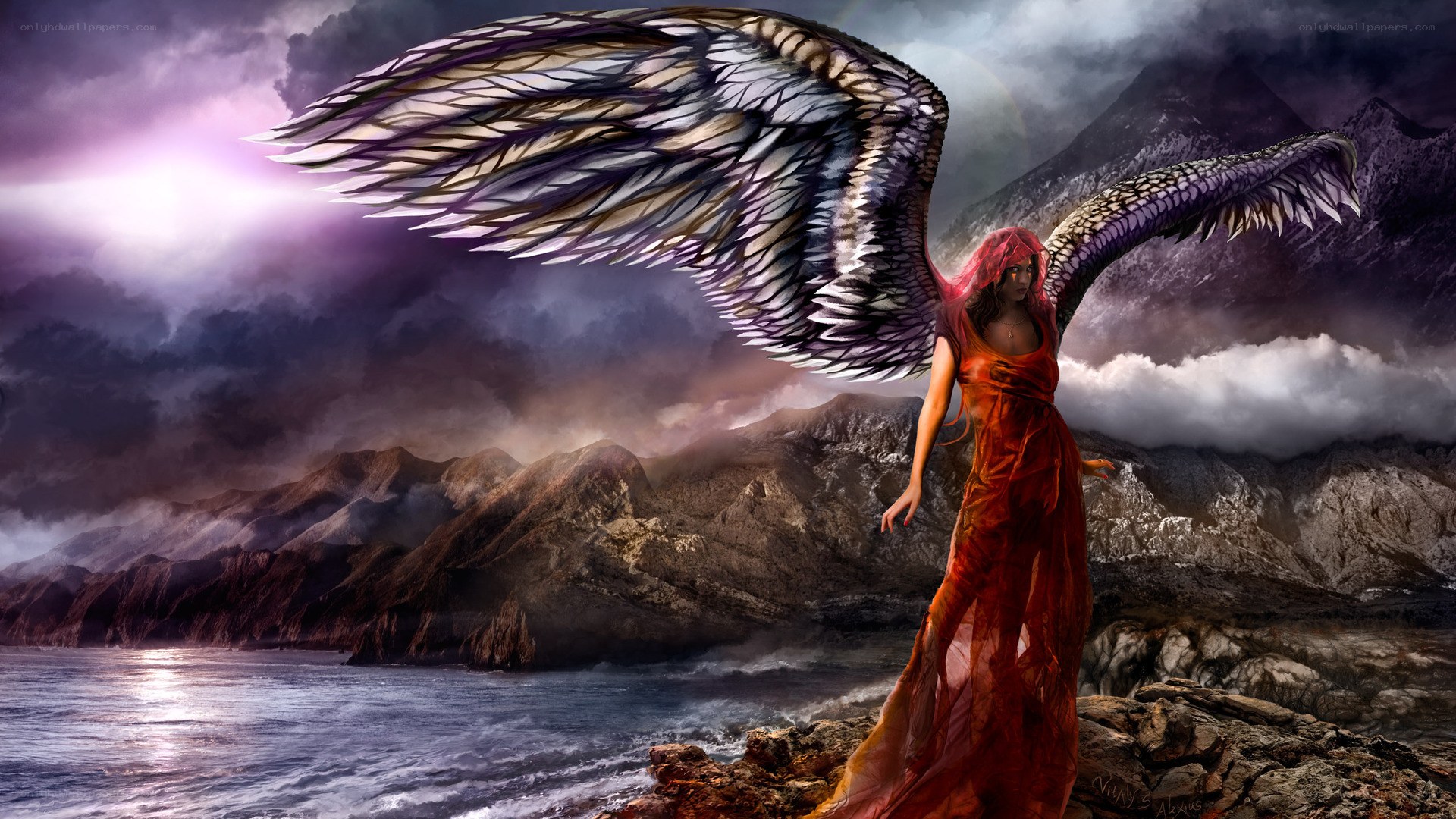 angel with wings on cliff