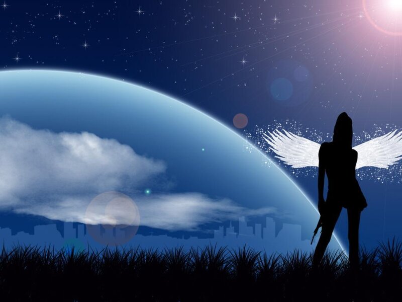 Angel with wings on planet